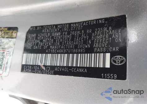 2007 Toyota Camry Le из США, поврежденный, VIN 4T1BE46K97U186985